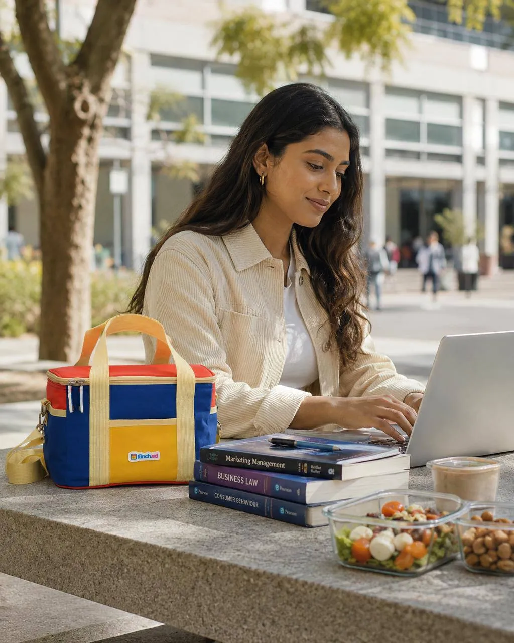 LUNCHED insulated lunch bag with books and a salad on a campus bench