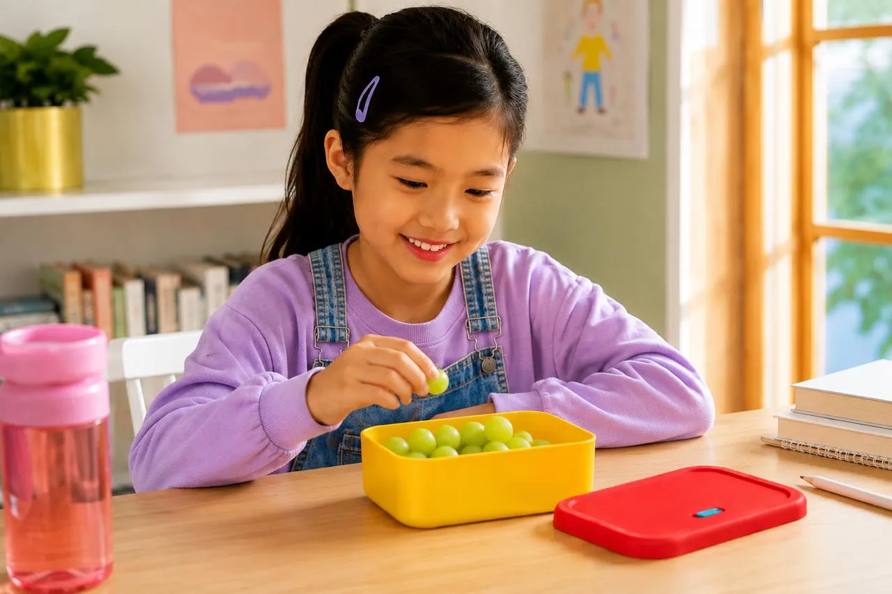 Smiling child snacking from a bright yellow LUNCHED box